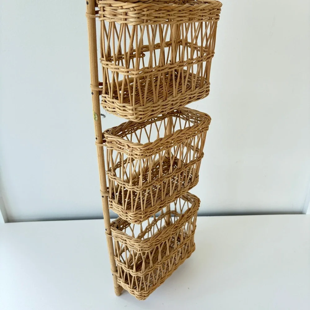 Vintage Rattan Wall Hanging 3 Tier Woven Wicker Basket Organizer Boho Decor 24in